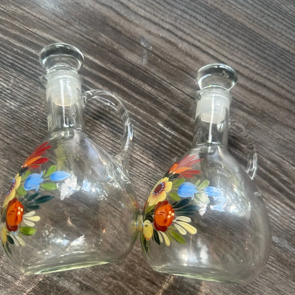 Hand-Painted Floral Glass Cruet Pair - Bright Multicolor
